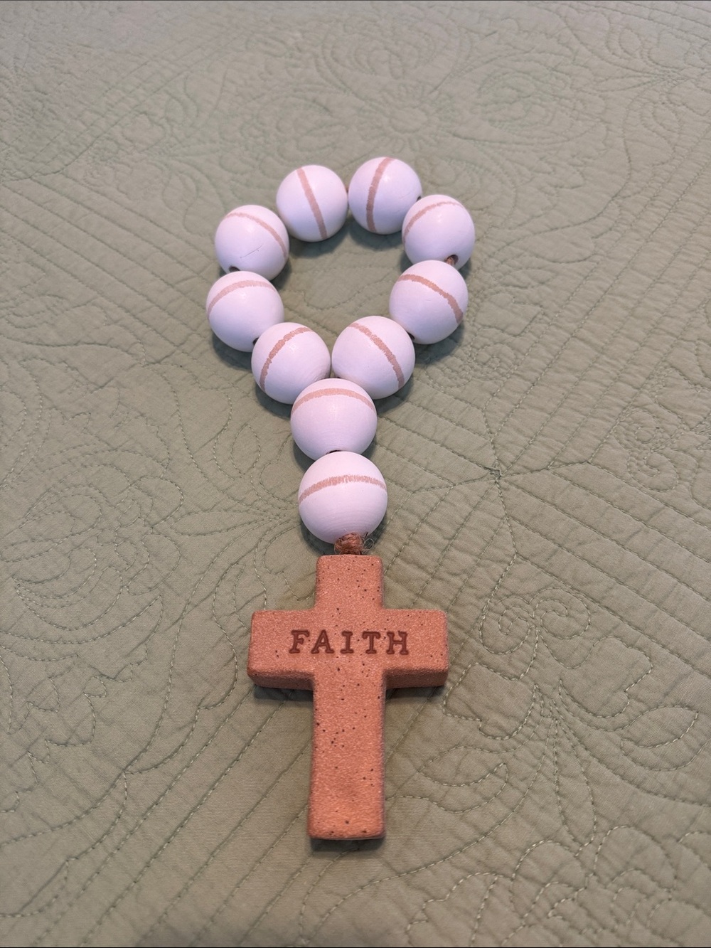 Faith inspired home decor- White Beads with Tan Cross